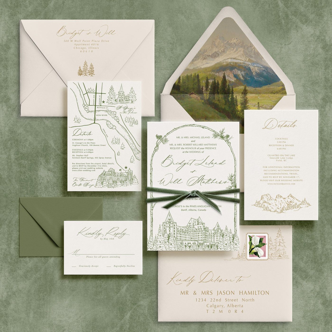 Mockup of a semi-custom wedding invitation design: the Rocky Mountain Suite