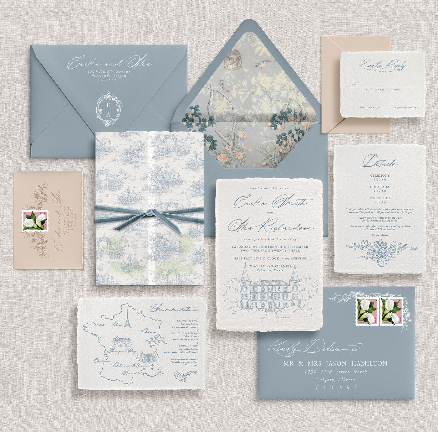 Mockup of a semi-custom wedding invitation design: the Villa Suite