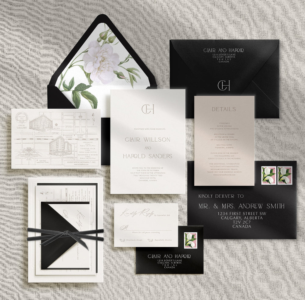 Mockup of a semi-custom wedding invitation design: the Cartouche Suite
