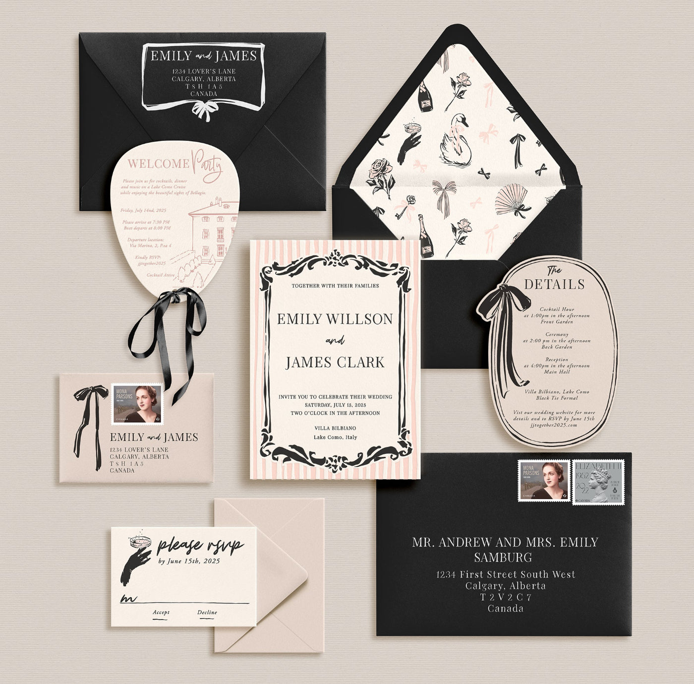 Wedding invitation suite with black, white, and beige stationery on a light gray background