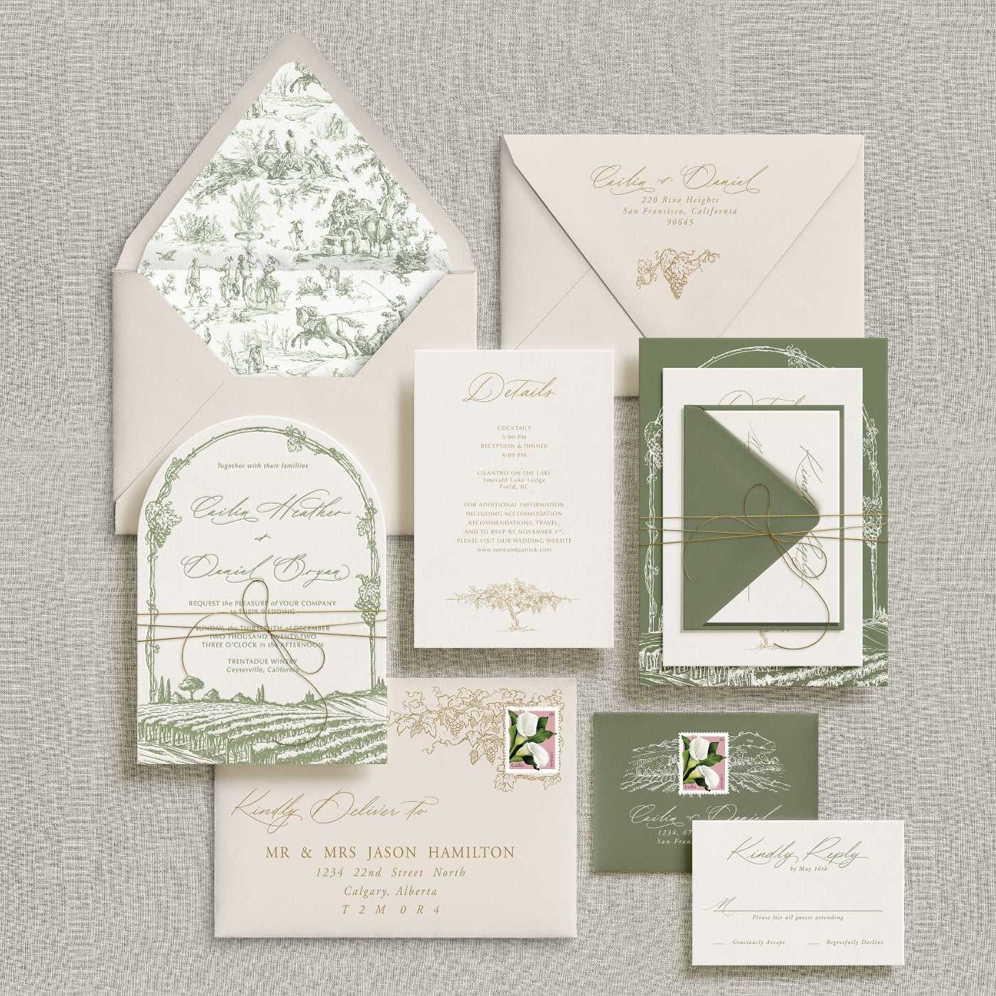 Mockup of a semi-custom wedding invitation design: the Villa Suite